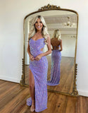 Niulatu Purple Spaghetti Straps Sheath Sequin Beading Prom Dresses Formal Evening Gowns HZ1103