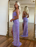 Niulatu Purple Spaghetti Straps Sheath Sequin Beading Prom Dresses Formal Evening Gowns HZ1103