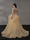 Niulatu Light Orange Spaghetti Straps A-Line Tulle Long Prom Dresses Gorgeous Wedding Dress with Rhinestones HZ1103