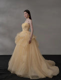 Niulatu Light Orange Spaghetti Straps A-Line Tulle Long Prom Dresses Gorgeous Wedding Dress with Rhinestones HZ1103