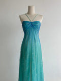 Niulatu Gradient Turquoise Satin Chiffon Sheath Prom Dresses Vintage Formal Evening Gowns HZ1103
