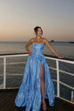 Niulatu Blue Strapless A-Line Satin Prom Dresses Elegant Formal Evening Gowns HZ1103