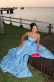 Niulatu Blue Strapless A-Line Satin Prom Dresses Elegant Formal Evening Gowns HZ1103