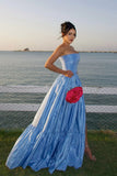 Niulatu Blue Strapless A-Line Satin Prom Dresses Elegant Formal Evening Gowns HZ1103