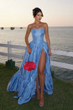 Niulatu Blue Strapless A-Line Satin Prom Dresses Elegant Formal Evening Gowns HZ1103
