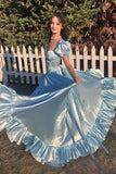 Niulatu Sky Blue Sweetheart Neck A-Line Satin Prom Dresses Formal Evening Gowns with Slits HZ1103