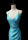 Niulatu Blue Mermaid Taffeta V-neck Long Prom Dresses Formal Evening Gowns HZ1103