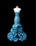 Niulatu Blue Mermaid Taffeta V-neck Long Prom Dresses Formal Evening Gowns HZ1103