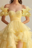 Niulatu Butter Yellow Sweetheart Neck A-Line Tulle Long Prom Dresses Formal Evening Gowns HZ1103