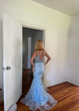 Niulatu Gray Blue Spaghetti Straps Mermaid Tulle Long Prom Dresses Backless Applique Evening Gowns HZ1103