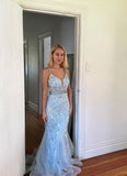 Niulatu Gray Blue Spaghetti Straps Mermaid Tulle Long Prom Dresses Backless Applique Evening Gowns HZ1103