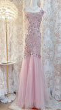 Niulatu Pink Square Neck Mermaid Tulle Lace Long Prom Dresses Vintage Evening Dresses with Appliques HZ1103