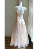 Niulatu Pink Spaghetti Straps A-Line Tulle Long Prom Dresses Birthday Evening Dress Gowns HZ1103