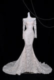 Niulatu White Turtleneck Lace Beaded Mermaid Long Sleeve Trailing Wedding Dress HZ1103