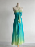 Niulatu Gradient Turquoise Halter Neck Chiffon Sheath Prom Dresses Vintage Party Dress HZ1103