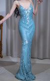 Niulatu Blue Mermaid V Neck Satin Sequin Long Prom Dresses Formal Evening Gowns HZ1103