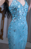 Niulatu Blue Mermaid V Neck Satin Sequin Long Prom Dresses Formal Evening Gowns HZ1103