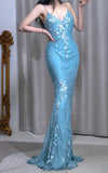Niulatu Blue Mermaid V Neck Satin Sequin Long Prom Dresses Formal Evening Gowns HZ1103