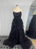 Niulatu Black Strapless A-Line Sequin Slit Long Prom Dresses Formal Evening Gowns HZ1103