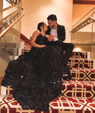 Niulatu Black Strapless A-Line Sequin Slit Long Prom Dresses Formal Evening Gowns HZ1103