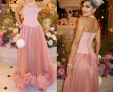Niulatu Pink Strapless A-Line Tulle Long Prom Dresses Formal Evening Gowns HZ1103