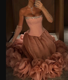 Niulatu Pink Strapless A-Line Tulle Long Prom Dresses Formal Evening Gowns HZ1103