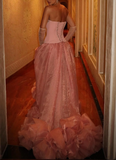 Niulatu Pink Strapless A-Line Tulle Long Prom Dresses Formal Evening Gowns HZ1103
