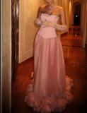 Niulatu Pink Strapless A-Line Tulle Long Prom Dresses Formal Evening Gowns HZ1103