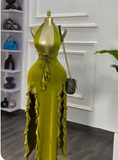 Niulatu Olive Green Deep V Neck Bodycon Party Dress Sexy Satin Slit Evening Gowns HZ1103