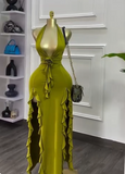 Niulatu Olive Green Deep V Neck Bodycon Party Dress Sexy Satin Slit Evening Gowns HZ1103