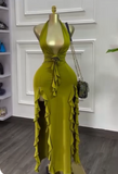 Niulatu Olive Green Deep V Neck Bodycon Party Dress Sexy Satin Slit Evening Gowns HZ1103