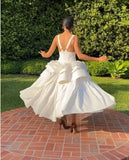 Niulatu White Deep V Neck A-Line Jacquard Satin Party Dress Simple Evening Gowns HZ1103