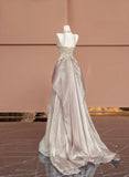 Niulatu Champagne V-neck A-Line Beaded Tulle Long Prom Dresses Formal Evening Gowns HZ1103