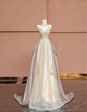 Niulatu Champagne V-neck A-Line Beaded Tulle Long Prom Dresses Formal Evening Gowns HZ1103