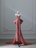 Niulatu Dark Peach Mandarin Collar Sheath Printed Velvet Long Prom Dresses Formal Evening Gowns HZ1103