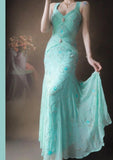 Niulatu Tiffany Blue V-neck Mermaid Chiffon Beaded Long Prom Dresses Backless Formal Evening Gowns HZ1103