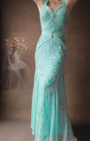 Niulatu Tiffany Blue V-neck Mermaid Chiffon Beaded Long Prom Dresses Backless Formal Evening Gowns HZ1103