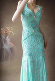 Niulatu Tiffany Blue V-neck Mermaid Chiffon Beaded Long Prom Dresses Backless Formal Evening Gowns HZ1103