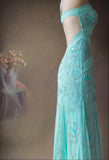 Niulatu Tiffany Blue V-neck Mermaid Chiffon Beaded Long Prom Dresses Backless Formal Evening Gowns HZ1103