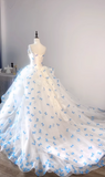 Niulatu White Strapless Tulle A-Line Train Wedding Dress with 3D Butterflies HZ1103