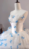 Niulatu White Strapless Tulle A-Line Train Wedding Dress with 3D Butterflies HZ1103