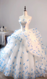 Niulatu White Strapless Tulle A-Line Train Wedding Dress with 3D Butterflies HZ1103