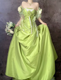 Niulatu Green Off Shoulder A-Line Satin Long Prom Dresses Formal Evening Gowns HZ1103