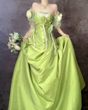 Niulatu Green Off Shoulder A-Line Satin Long Prom Dresses Formal Evening Gowns HZ1103