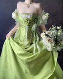 Niulatu Green Off Shoulder A-Line Satin Long Prom Dresses Formal Evening Gowns HZ1103