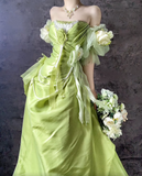 Niulatu Green Off Shoulder A-Line Satin Long Prom Dresses Formal Evening Gowns HZ1103