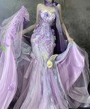 Niulatu Purple Strapless Mermaid Tulle Applique Long Prom Dresses Sweet 16 Evening Gowns HZ1103