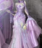 Niulatu Purple Strapless Mermaid Tulle Applique Long Prom Dresses Sweet 16 Evening Gowns HZ1103