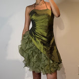 Niulatu Dark Green Spaghetti Strap A-Line Satin Tulle Short Prom Dresses Homecoming Dresses HZ1103