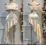 Niulatu Light Champagne Off-the-shoulder Bodycon Satin Ruffle Short Prom Dresses Homecoming Dresses HZ1103